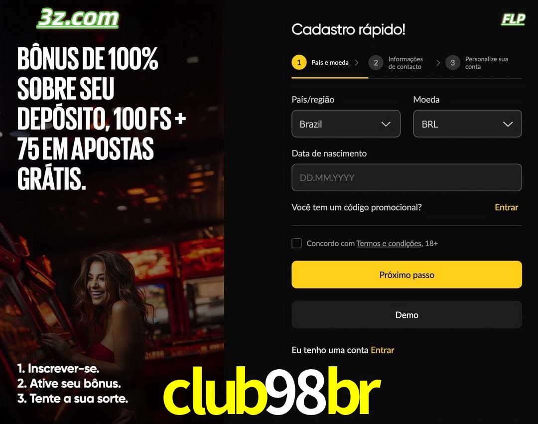 club98br registro oficial cassino online Brasil com bônus de depósito e free spins